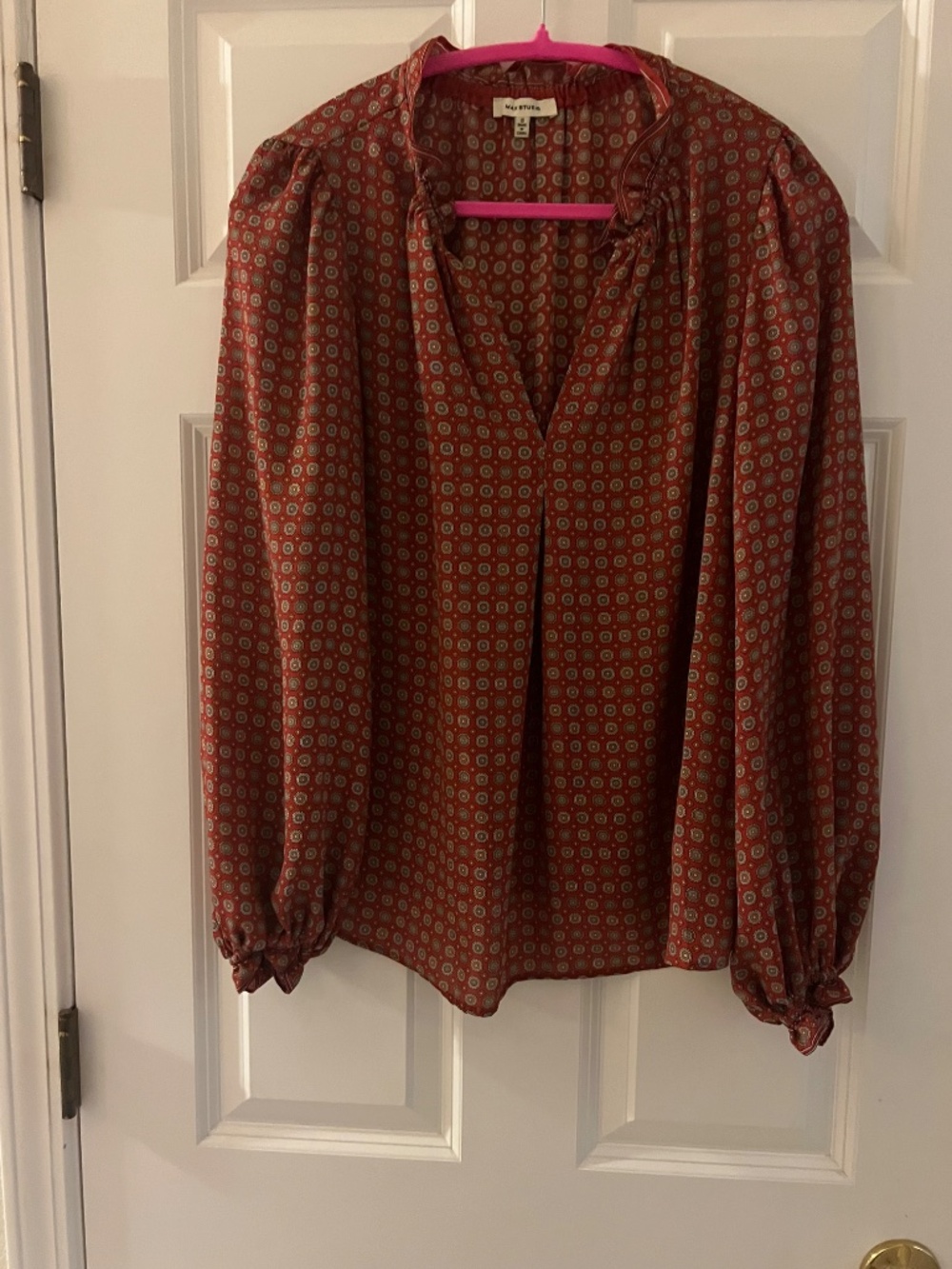 Max Studio Rust Red Geometric Print Ruffle Blouse Size S - Picture 5 of 7